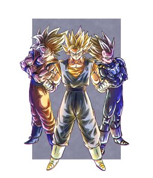 3boys absurdres blonde_hair blue_bodysuit blue_boots blue_pants blue_sash blue_shirt bodysuit boots crossed_arms dougi dragon_ball dragonball_z earrings full_body gloves green_eyes group_picture highres jewelry male_focus medium_hair multiple_boys muscular muscular_male nazunnio1225 orange_pants orange_shirt pants potara_earrings saiyan_armor sash shirt smirk son_goku spiked_hair super_saiyan super_saiyan_1 vegeta vegetto white_boots white_gloves