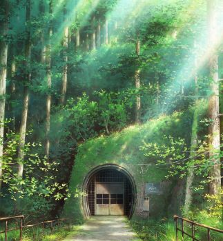 bush cola_(gotouryouta) commentary_request dappled_sunlight day forest gate grass highres nature no_humans original outdoors railing scenery sunlight tree tunnel wire