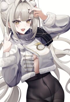 Rule 34 | 1girl, :d, absurdres, arm up, armband, black armband, black nails, black pantyhose, blanc (fortune express) (nikke), blanc (nikke), blunt bangs, blush, breasts, commentary, covered navel, cowboy shot, fang, fur-trimmed jacket, fur trim, goddess of victory: nikke, hair intakes, hat, high-waist pantyhose, highres, jacket, lastmatch500, long hair, long sleeves, looking at viewer, medium breasts, official alternate costume, open mouth, panties, panties under pantyhose, pantyhose, see-through pantyhose, sidelocks, simple background, skin fang, smile, solo, standing, twintails, underboob, underwear, v, very long hair, white background, white hair, white jacket, yellow eyes