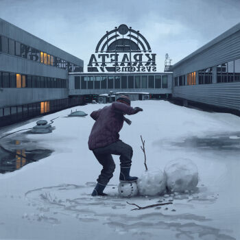 Rule 34 | 1boy, absurdres, beanie, boots, building, cloud, cloudy sky, coal, company name, day, gloves, hat, highres, jacket, long sleeves, pants, satellite dish, scarf, simon stalenhag, sky, smile, snow, snowman, solo, stairs, standing, things from the flood, window