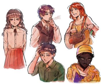 2girls 3boys abella_(fear_&amp;_hunger) african_clothes arms_behind_back artist_name bare_arms bare_shoulders black_hair black_ribbon black_vest brown_hair brown_tank_top cigarette circular_saw clenched_teeth closed_mouth collared_shirt commentary cropped_legs cropped_torso daan_(fear_&amp;_hunger) dark-skinned_male dark_skin english_commentary facial_hair fear_&amp;_hunger_(series) fear_&amp;_hunger_2:_termina frilled_shirt_collar frills green_jumpsuit hand_on_own_head hat highres holding jumpsuit levi_(fear_&amp;_hunger) long_hair long_sleeves looking_at_viewer marina_(fear_&amp;_hunger) multiple_boys multiple_girls mustache neck_ribbon newwyuu o'saa_(fear_&amp;_hunger) overalls purple_hair red_hair ribbon saw shirt short_hair simple_background smile smoking tank_top teeth vest white_background white_shirt yellow_hat yellow_overalls