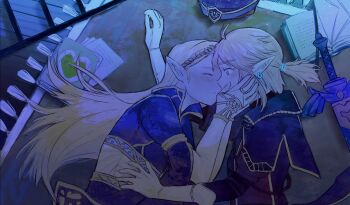 1boy 1girl beret blue_eyes blue_shirt blush bridal_gauntlets closed_eyes commentary couple earrings english_commentary gloves gold_trim hair_tie hand_on_another's_cheek hand_on_another's_face hat hetero highres hylian_(language) imminent_kiss jewelry link looking_at_another low_ponytail master_sword meli_403_mika military_hat military_uniform nintendo notebook pointy_ears ponytail princess_zelda royal_guard_set_(zelda) rug shirt sword tassel the_legend_of_zelda the_legend_of_zelda:_breath_of_the_wild the_legend_of_zelda:_tears_of_the_kingdom tiara triforce unworn_hat unworn_headwear upper_body weapon white_gloves