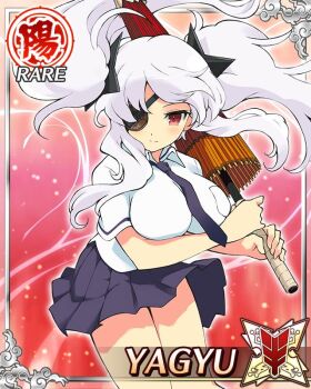 Rule 34 | 1girl, blue necktie, blue skirt, border, breasts, card (medium), carrying over shoulder, character name, closed mouth, eyepatch, game cg, hanzou academy school uniform, holding, holding umbrella, large breasts, long hair, necktie, official art, oil-paper umbrella, pleated skirt, red eyes, school uniform, senran kagura, senran kagura new wave, shirt, shuriken hair ornament, skirt, solo, third-party source, twintails, umbrella, very long hair, white hair, white shirt, yagyu (senran kagura)