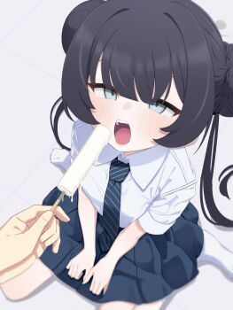 1girl 1other absurdres alternate_costume black_hair blue_archive blue_necktie blue_skirt blush braid bun_with_braided_base collared_shirt commentary diagonal-striped_clothes diagonal-striped_necktie double_bun expressionless food from_above grey_eyes grey_halo hair_bun halo highres holding holding_food holding_popsicle kisaki_(blue_archive) kisaki_(school_uniform)_(blue_archive) long_hair looking_at_viewer necktie open_mouth pleated_skirt popsicle pov pov_hands sexually_suggestive shirt short_sleeves sitting skirt striped_clothes striped_necktie take_mawile twintails wariza white_background white_popsicle white_shirt