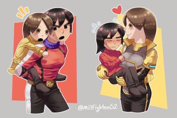1boy 1girl 2girls age_regression age_switch aged_down aged_up belt black_bodysuit black_eyes black_hair black_pants blush bodysuit breasts brown_eyes brown_hair carrying carrying_person child child_carry closed_eyes closed_mouth cropped_legs embarrassed family flying_sweatdrops gloves grey_background grey_bodysuit heart highres jacket long_hair looking_at_another medium_hair mii_(nintendo) mii_brawler mii_brawler_(smash_ultimate) mii_gunner mii_gunner_(smash_ultimate) miifighterss2 mother_and_son multiple_girls nintendo open_mouth pants piggyback princess_carry red_shirt shirt short_hair smile surprised sweater thick_eyebrows twitter_username yellow_gloves yellow_jacket