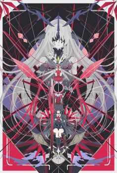 2girls absurdres arm_cutout bare_shoulders black_hair black_jacket black_shirt black_skirt black_socks chisa_(wuthering_waves) closed_mouth clothing_cutout commentary_request covered_eyes dee_(fire2332) fins grey_hair hands_up head_fins highres horns jacket leviathan_(wuthering_waves) long_hair long_sleeves multiple_girls neckerchief purple_horns red_eyes red_neckerchief sailor_collar shirt single_horn sitting skirt socks very_long_hair white_sailor_collar wuthering_waves