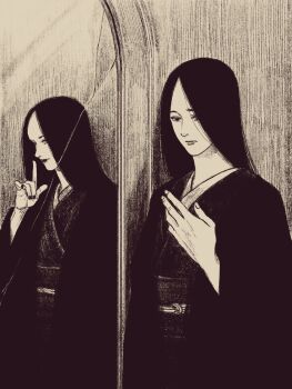 1girl black_hair black_kimono black_nails broken_mirror crack cracked_glass different_shadow greyscale highres japanese_clothes kimono long_hair mirror monochrome original sash solo tp_p_pt white_background