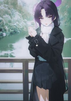 Rule 34 | 1girl, alternate costume, black coat, black skirt, blue archive, coat, commentary request, cropped legs, fang, flower, hair flower, hair ornament, halo, highres, long hair, long sleeves, looking at viewer, open clothes, open coat, open mouth, outdoors, parted bangs, pleated skirt, purple eyes, purple flower, purple hair, purple halo, railing, river, scarf, school uniform, skin fang, skirt, sla2h help, solo, very long hair, white scarf, yukari (blue archive)