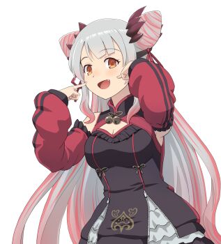 1girl :d bare_shoulders bell black_dress breasts china_dress chinese_clothes cleavage cleavage_cutout clothing_cutout commentary_request cone_hair_bun demon_horns detached_sleeves double_bun dress fang frilled_skirt frills gradient_hair grey_hair hair_bun hair_ribbon haniwa_(leaf_garden) headgear highres horns jingle_bell large_breasts light_blush lolita_fashion long_hair long_sleeves looking_at_viewer mandarin_collar multicolored_hair nanashi_inc. neck_bell official_alternate_costume open_mouth orange_eyes pink_hair pink_streaks pointing pointing_at_self qi_lolita red_horns red_sleeves ribbon short_dress side_up_bun simple_background skirt skirt_under_dress smile solo streaked_hair suou_patra suou_patra_(2nd_costume) transparent_background upper_body very_long_hair virtual_youtuber