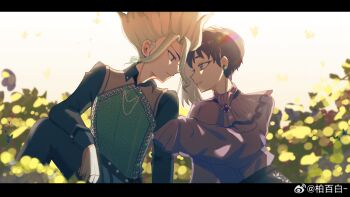 Rule 34 | 17tot1, 2boys, absurdres, asagiri gen, black hair, black pants, blonde hair, bug, butterfly, commentary request, dr. stone, earrings, eye contact, field, flower, flower field, highres, holding another's arm, insect, ishigami senkuu, jewelry, knee up, letterboxed, long sleeves, looking at another, male focus, multicolored hair, multiple boys, outdoors, pants, purple shirt, shirt, short hair, sitting, sleeves past wrists, smile, spiked hair, watermark, weibo username, weibo watermark, yaoi