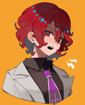 1girl 950magi618 black_shirt collared_jacket collared_shirt commentary_request highres horikawa_raiko jacket looking_at_viewer necktie open_mouth orange_background plaid_clothes plaid_shirt purple_necktie red_eyes red_hair shirt short_hair simple_background solo teeth touhou upper_body upper_teeth_only wavy_hair white_jacket