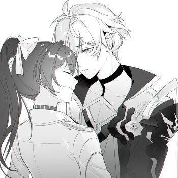 1boy 1girl antenna_hair armor center_opening chinese_commentary cleavage_cutout closed_eyes closed_mouth clothing_cutout couple formal_clothes from_behind from_side grey_background hair_between_eyes head_tilt hetero high_ponytail highres honkai_(series) honkai_impact_3rd jacket kevin_kaslana lab_coat long_hair looking_down mei_(honkai_impact) mixed-language_commentary monochrome no_eyewear open_clothes open_jacket parted_lips pectoral_cleavage pectorals ponytail shade shiregotoaka short_hair shoulder_armor suit upper_body