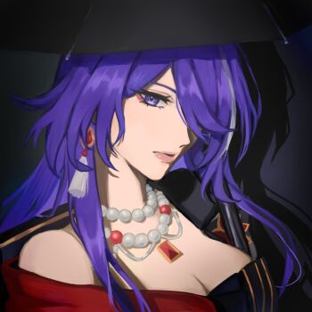 Rule 34 | 1girl, acheron (honkai: star rail), acheron (star rail live 2025) (honkai: star rail), bead necklace, beads, breasts, cleavage, diamond-shaped pupils, diamond (shape), dress, earrings, gem, hair over one eye, highres, honkai: star rail, honkai (series), jewelry, long hair, moka no mora, necklace, official alternate costume, open clothes, purple eyes, purple hair, red dress, red eyes, red gemstone, single earring, symbol-shaped pupils, umbrella, very long hair, white streaks