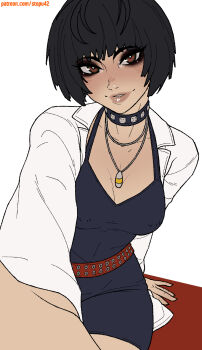 1girl belt black_choker black_dress black_hair blush breasts brown_eyes choker collarbone collared_shirt covered_erect_nipples cowboy_shot dress eyelashes eyeshadow highres jewelry lips looking_at_viewer makeup medium_breasts necklace nose parted_lips patreon_username persona persona_5 red_belt selfie shirt short_hair simple_background sitting smile solo stopu takemi_tae teeth white_background white_shirt