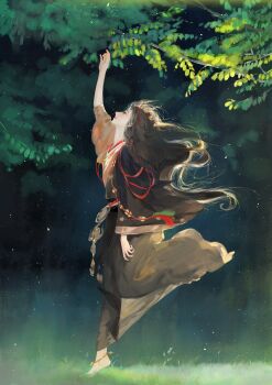 1girl absurdres anklet arm_up barefoot black_hair black_hanfu chinese_clothes chinese_commentary commentary_request eyelashes from_side full_body gold_necklace grass hanfu highres huadian jewelry light_particles lipstick long_hair long_sleeves looking_up luori_dianxin makeup necklace outdoors path_to_nowhere profile reaching red_eyes red_lips running solo two-tone_hanfu very_long_hair wavy_hair wide_sleeves yao_(path_to_nowhere)