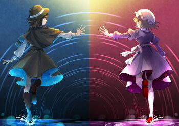 2girls black_capelet black_headwear black_skirt black_socks blonde_hair brown_footwear brown_hair capelet dress fedora hat highres juliet_sleeves kinese_(katasutorohu) kneehighs long_sleeves maribel_hearn mob_cap multiple_girls puffy_sleeves purple_dress red_footwear sash shoe_soles skirt socks star_trail touhou usami_renko white_headwear white_sash white_socks