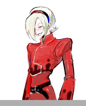 1boy androgynous arms_at_sides ash_crimson belt belt_buckle black_belt black_hairband blonde_hair blue_eyes blush buckle cowboy_shot cropped_jacket evil_grin evil_smile freckles from_side grin hair_bun hair_ornament hair_over_one_eye hairband half-closed_eyes highres jacket long_sleeves looking_ahead male_focus multicolored_jacket narrow_waist one_eye_covered pants parted_lips photoshop_(medium) red_jacket red_pants short_hair sidelocks simple_background sketch skinny smile smirk solo standing teeth the_king_of_fighters trap turtleneck turtleneck_jacket two-tone_jacket upper_body white_background white_trim