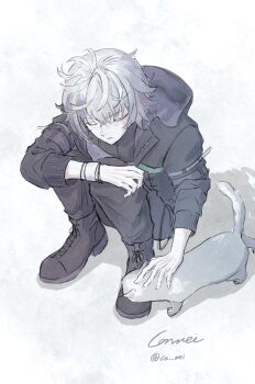 1boy black_boots black_jacket black_pants boots bracelet ca_mei cat closed_eyes closed_mouth full_body fuwa_minato fuwa_minato_(1st_costume) grey_hair hair_between_eyes highres hood hood_down hooded_jacket jacket jewelry long_sleeves male_focus nijisanji pants pants_tucked_in petting short_hair solo squatting virtual_youtuber white_background