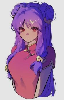 1girl china_dress chinese_clothes double_bun dress hair_bun long_hair looking_at_viewer purple_hair ranma_1/2 red_dress shampoo_(ranma_1/2) sidelocks
