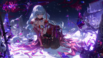 1girl absurdres bare_shoulders black_pantyhose blood bloody_tears braid collarbone detached_sleeves dress flower grey_eyes grey_hair halter_dress halterneck hand_on_own_arm happypuppy heterochromia highres long_hair low_twin_braids pantyhose phrolova_(wuthering_waves) red_dress red_eyes single_detached_sleeve solo spider_lily twin_braids wuthering_waves