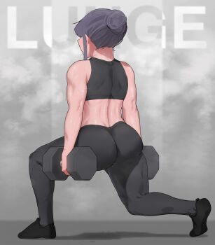 1girl absurdres ass back bare_arms bare_shoulders black_leggings black_pants black_shirt black_shoes black_sports_bra commentary crop_top dumbbell english_text exercising facing_away from_behind full_body grey_background hair_bun highres holding holding_dumbbell lee_do-eun_(oddsnail) leggings legs lunging muscular muscular_female oddsnail original pants purple_hair shiny_skin shirt shoes single_hair_bun solo sports_bra sweat tight_clothes tight_pants yoga_pants