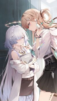 2girls absurdres averting_eyes bare_shoulders black_nails black_skirt braid braided_bangs breasts colored_eyelashes commentary_request earrings fingernails goomrrat grey_hair hair_ornament hair_over_one_eye halo hand_on_another's_chin height_difference highres holding jacket jewelry long_fingernails long_hair looking_at_another lynae_(wuthering_waves) medium_breasts mornye_(wuthering_waves) multicolored_hair multiple_girls nail_polish off_shoulder parted_lips purple_eyes red_eyes shirt shirt_tucked_in skirt skull_hair_ornament smile star_(symbol) star_earrings streaked_hair tacet_mark_(wuthering_waves) triangle_earrings white_jacket white_shirt wuthering_waves