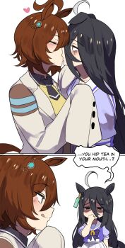 2girls absurdres agnes_tachyon_(tach-nology)_(umamusume) agnes_tachyon_(umamusume) ahoge animal_ears black_hair black_necktie blush bow bowtie brown_hair chemical_structure closed_eyes closed_mouth coat ear_tag earrings english_text hair_between_eyes heart highres hinghoi horse_ears horse_girl horse_tail jewelry kiss lab_coat long_bangs long_hair long_hair_between_eyes long_sleeves manhattan_cafe_(umamusume) multicolored_hair multiple_girls necktie pleated_skirt puffy_short_sleeves puffy_sleeves purple_bow purple_bowtie purple_shirt red_eyes sailor_collar sailor_shirt school_uniform shirt short_hair short_necktie short_sleeves single_earring skirt sleeves_past_fingers sleeves_past_wrists smile speech_bubble sweater tail tongue tongue_out tracen_school_uniform umamusume very_long_hair white_coat white_hair white_sailor_collar white_skirt wolf_cut yellow_eyes yellow_sweater yuri