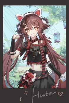 Rule 34 | 1girl, alternate costume, animal ear headphones, animal ears, black skirt, blue sky, brown hair, cat ear headphones, cat ears, character name, collarbone, commentary request, crop top, day, fake animal ears, ferris wheel, flower-shaped pupils, genshin impact, gothic lolita, grin, hair ornament, hairband, headphones, highres, hu tao (genshin impact), lolita fashion, long hair, looking at viewer, miniskirt, navel, outdoors, red eyes, short sleeves, skirt, sky, smile, solo, symbol-shaped pupils, twintails, very long hair, white hairband, yukiri (l ii)