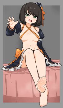 1girl barefoot black_hair feet green_eyes highres light_blush looking_at_viewer medium_hair nairo open_mouth soles toes