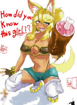 1girl :3 animal_ear_fluff animal_ears aqua_shorts bare_shoulders belt_bra blonde_hair blue_eyes blurry blurry_background blush bone boned_meat boots bracelet breasts brown_gloves cleavage commentary_request dark-skinned_female dark_skin denim denim_shorts english_text facial_mark fangs fingerless_gloves food full_body gloves hair_between_eyes highres holding holding_food jewelry large_breasts liru looking_at_viewer meat meme n_furry navel o-ring o-ring_top open_door open_mouth ponytail renkin_san-kyuu_magical_pokaan shadow sharp_teeth short_hair_with_long_locks short_shorts shorts simple_background smile solo squatting studded_bracelet suspender_shorts suspenders tail teeth thigh_boots tongue whisker_markings white_background white_boots will_smith_slapping_chris_rock_(meme) wolf_ears wolf_girl wolf_tail yellow_tail