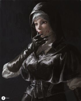 1girl absurdres black_background black_bodice black_capelet black_gloves black_hood blood blood_on_face capelet commentary dress elden_ring elden_ring_nightreign english_commentary gloves highres jewelry looking_to_the_side mace necklace nun painterly signature solo undertaker_(elden_ring) upper_body weapon white_coif white_dress wiping_mouth xianggang_jizhe