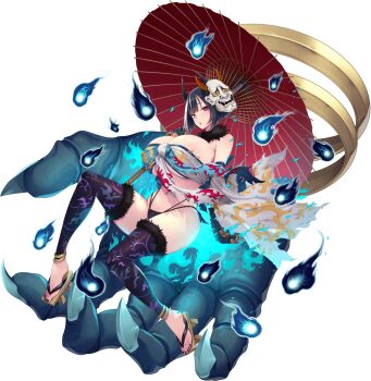 1girl black_hair breasts full_body game_asset horns huge_breasts kyonyuu_fantasy_burst london_inu mask mask_on_head nail_polish navel official_art oni painted_toes purple_eyes reiki_(kyonyuu_fantasy_burst) sandals short_hair thighhighs third-party_source umbrella