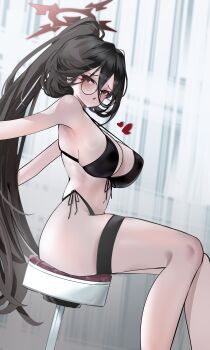 1girl absurdres asagiri_yukari bikini black_bikini black_hair blue_archive breasts front-tie_bikini_top front-tie_top glasses hair_between_eyes halo hasumi_(blue_archive) hasumi_(swimsuit)_(blue_archive) heart highleg highleg_bikini highres large_breasts long_hair long_hair_between_eyes looking_at_viewer loosely_tucked_bangs no_wings official_alternate_costume official_alternate_hairstyle on_stool red_halo sitting solo stool swimsuit thigh_strap