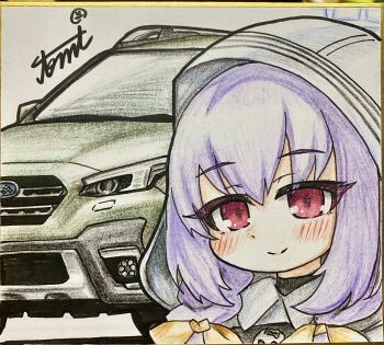 1girl absurdres atsuko_(blue_archive) blue_archive blue_halo car commentary_request halo highres motor_vehicle purple_hair red_eyes shikishi smile solo tomimon traditional_media vehicle_request