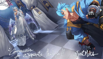 1boy 1girl bare_shoulders black_gloves black_shirt blue_eyes blue_jacket breasts checkered_floor cleavage commentary commission demon_girl demon_horns demon_wings dress duel_monster english_commentary english_text fingerless_gloves full_moon gloves grey_hair heart high_collar highres horns jacket large_breasts lovely_labrynth_of_the_silver_castle medium_hair mkrk_mikaerukung moon open_clothes open_jacket shirt short_hair thighhighs transparent_wings twitter_username vanquish_soul_razen white_dress white_thighhighs white_wings wings yu-gi-oh!