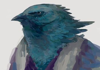 1other bird black_eyes blue_feathers commentary_request feathers furry grey_background lowres nagabe original simple_background solo upper_body