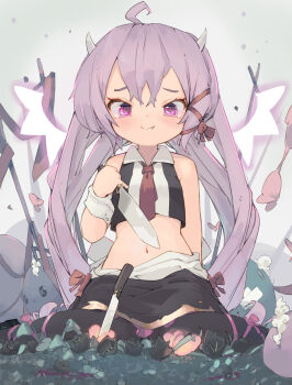 Rule 34 | 1girl, absurdres, ahoge, bare shoulders, black pantyhose, black shirt, black skirt, blush, closed mouth, collared shirt, commentary, crop top, cropped shirt, dated commentary, double-parted bangs, fang, fang out, full body, highres, holding, holding knife, horns, knife, long hair, looking at viewer, midriff, navel, necktie, nep (nep 76), original, pantyhose, pink eyes, purple hair, red necktie, shirt, sitting, skirt, smile, solo, two-tone shirt, wariza, white shirt, wrist cuffs