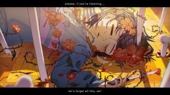 1boy 1other blue_sweater bone brown_hair closed_eyes cracked_skin english_text forut_dondon frisk_(undertale) highres holding holding_knife knife lying male_focus on_back parted_lips sans_(undertale) short_hair skeleton skeleton_hands solo_focus sweater undertale utdr_(toby_fox)