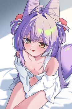 1girl :p between_legs breasts cone_hair_bun covering_crotch covering_privates fox_girl fox_tail hair_bun hair_ornament hand_between_legs highres long_hair long_sleeves looking_at_viewer multicolored_hair naked_shirt navel off_shoulder open_clothes open_shirt partially_unbuttoned pom_pom_(clothes) pom_pom_hair_ornament purple_hair shirt sitting small_breasts stellive streaked_hair tail tenko_shibuki tongue tongue_out white_hair white_shirt yeou_kkoli