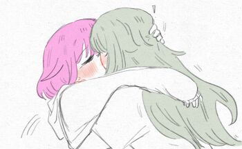 2girls arm_around_neck blush closed_eyes commentary english_commentary green_hair hand_on_another&#039;s_head highres hood hoodie kcmvnd kiss kusanagi_nene long_hair multiple_girls ootori_emu pink_hair project_sekai short_hair white_background yuri