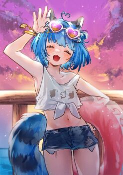 :3 absurdres adjusting_eyewear ahoge alternate_costume animal_ears arm_up blue_hair blue_shorts blush bracelet chromashift closed_eyes cloud collarbone commission cowboy_shot denim denim_shorts eyelashes eyewear_on_head fang front-tie_top gold_bracelet hair_ornament hairclip heart heart-shaped_eyewear heart_ahoge highres holding holding_swim_ring innertube jewelry lt26 midriff navel open_mouth poko_rakun raccoon_ears raccoon_girl raccoon_tail shirt short_shorts shorts skin_fang sky sleeveless smile sunglasses swim_ring tail textless_version tinted_eyewear torn_clothes torn_shorts virtual_youtuber white-framed_eyewear white_shirt
