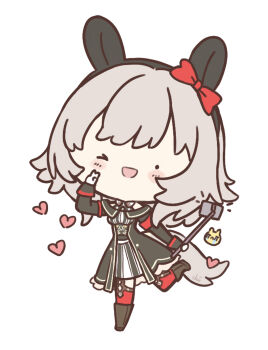 Rule 34 | 1girl, absurdres, animal ears, bare shoulders, blush, boots, bow, breasts, brown boots, cellphone, chibi, coat, curren chan (fille eclair) (umamusume), curren chan (umamusume), dress, ear bow, ear covers, emoji, gloves, grey hair, heart, highres, holding, horse ears, horse girl, horse tail, long sleeves, looking at viewer, off-shoulder coat, off-shoulder dress, off-shoulder jacket, off shoulder, one eye closed, open mouth, phone, red bow, red thighhighs, selfie stick, short hair, simple background, smartphone, smile, solo, standing, standing on one leg, striped clothes, striped dress, tail, thighhighs, ukichan22905846, umamusume, v, vertical-striped clothes, vertical-striped dress, white gloves