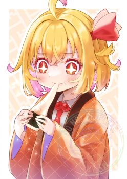 Rule 34 | + +, 1girl, :t, ahoge, alternate costume, blonde hair, blush, collared shirt, commentary request, dotera (clothes), eating, food, hair between eyes, hair ribbon, haori, highres, holding, holding food, isobeyaki, japanese clothes, long sleeves, mochi, mochi trail, red eyes, red ribbon, ribbon, rumia, sakuyabm, shirt, short hair, smile, solo, touhou, upper body, watermark, white shirt, wide sleeves