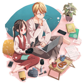 1boy 1girl blonde_hair blush book brown_pants chocotomamenoki computer cup dress food glasses highres jacket kaguya-sama_wa_kokurasetai_~tensai-tachi_no_renai_zunousen~ laptop open_clothes open_jacket pants phone pillow plant plate potted_plant red_dress red_eyes shinomiya_kaguya shirogane_miyuki short_hair sitting table white_background white_jacket