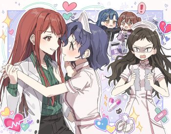 ! &lt;|&gt;_&lt;|&gt; 5girls alternate_costume bandaid blue_hair border brown_hair coat cosplay costume_switch doctor eye_contact face-to-face hano9789 hat heart highres holding holding_paper idolmaster idolmaster_million_live! idolmaster_million_live!_theater_days jealous kasuga_mirai kitazawa_shiho korean_commentary long_hair looking_at_another multiple_girls nanao_yuriko nurse nurse_cap outline outside_border paper pill red_eyes red_hair role_reversal short_hair sparkle spoken_exclamation_mark tanaka_kotoha torn_paper toyokawa_fuka white_border white_coat white_outline yuri