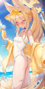 1girl absurdres animal_ear_fluff animal_ears ass bare_shoulders beach beach_umbrella blonde_hair blue_archive blue_sky breasts closed_mouth clothing_cutout cloud covered_navel cross_halo diamond_cutout dot_nose drink drinking_straw extra_ears fingernails food forehead fox_ears fox_girl fox_tail from_side fruit halo hand_up highleg highleg_one-piece_swimsuit highres holding holding_drink jacket k0a lemon lemon_slice loli long_hair long_sidelocks long_sleeves looking_at_viewer off_shoulder official_alternate_costume one-piece_swimsuit one_eye_closed orange-tinted_eyewear outdoors pink_eyes seia_(blue_archive) seia_(swimsuit)_(blue_archive) shade shiny_skin side_ponytail sky small_breasts smile solo split_mouth standing star_ornament sunglasses sunlight swimsuit tail tail_ornament thighs tinted_eyewear umbrella very_long_hair very_long_sidelocks very_long_tail visor_cap water_drop wet white_one-piece_swimsuit yellow_halo yellow_jacket yellow_visor