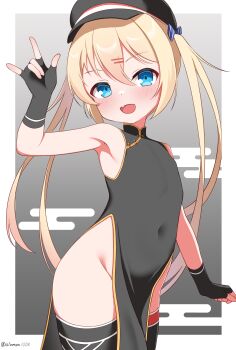Rule 34 | 1girl, absurdres, azur lane, black dress, black gloves, blonde hair, blue eyes, china dress, chinese clothes, commentary request, commission, dress, fang, fingerless gloves, gloves, highres, long hair, skeb commission, sleeveless, sleeveless dress, slumpa, solo, thighhighs, twintails, z18 (azur lane)