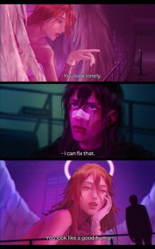 Rule 34 | 2boys, adversarial noise, angel, angel devil (chainsaw man), angel wings, artist name, bandage on nose, bandaid, bandaid on face, bandaid on nose, blade runner (series), blade runner 2049, blood, blood from mouth, blood on face, blue eyes, bluesky username, chainsaw man, commentary, earrings, english commentary, english text, giant, gloves, glowing, glowing halo, hair between eyes, hair down, halo, jewelry, long hair, long hair between eyes, looking at another, male focus, meme, movie reference, multiple boys, neon palette, parody, pink light, pointing, pointing at another, red eyes, red hair, scene reference, seagnalis, stud earrings, subtitled, traditional halo, twitter username, white gloves, white wings, wings, yaoi, you look lonely (meme)