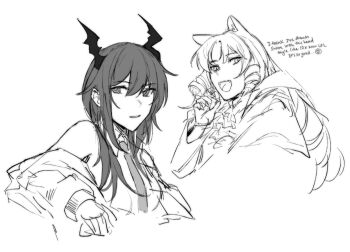 Rule 34 | 2girls, animal ears, arknights, ch'en (arknights), collared shirt, commentary, cropped torso, dragon girl, dragon horns, drill hair, drill sidelocks, english text, fangs, horns, jacket, light smile, long hair, long sleeves, looking at viewer, multiple girls, necktie, off shoulder, open mouth, parted lips, shirt, sidelocks, simple background, sketch, skyregalias, swire (arknights), symbol-only commentary, tiger ears, tiger girl, white background