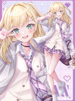 1girl allymidorikawa black_choker blonde_hair choker collared_shirt commentary_request fangs green_eyes grey_jacket hair_ornament hairclip hand_up highres jacket jewelry kurumi_noah long_sleeves looking_at_viewer necklace necktie open_clothes open_jacket open_mouth school_uniform shirt shoes skirt sleeves_rolled_up smile socks standing standing_on_one_leg two_side_up v virtual_youtuber vspo! white_shoes white_socks zoom_layer